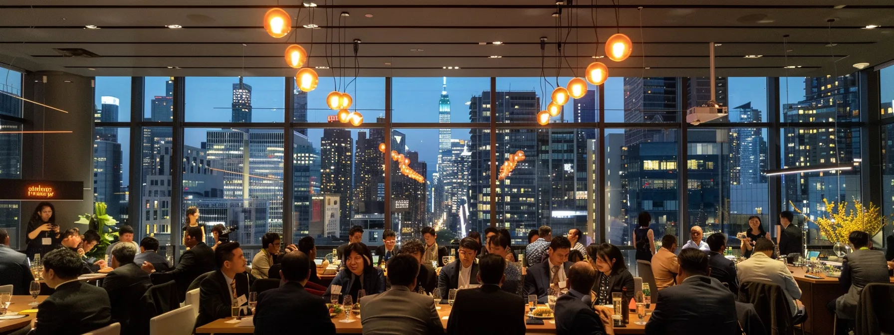 a dynamic conference room filled with engaged registered investment advisors exchanging ideas and celebrating their milestones, illuminated by bright overhead lights and framed by a sleek urban skyline visible through large windows.