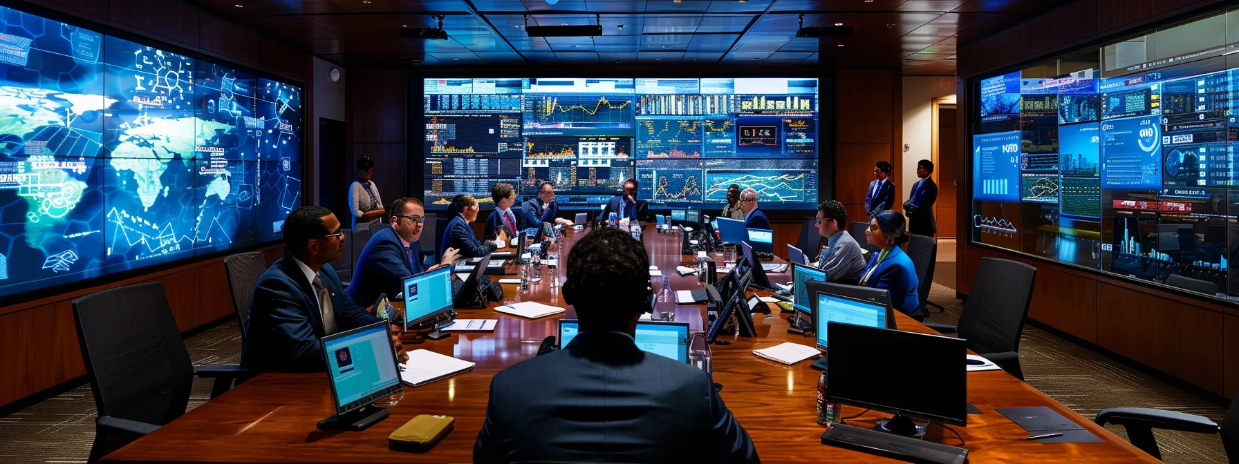 a dynamic corporate boardroom scene captures executives engaged in intense discussion, with digital displays highlighting market trends and strategic insights, symbolizing the pivotal moment of commonwealth financial network's acquisition by lpl.