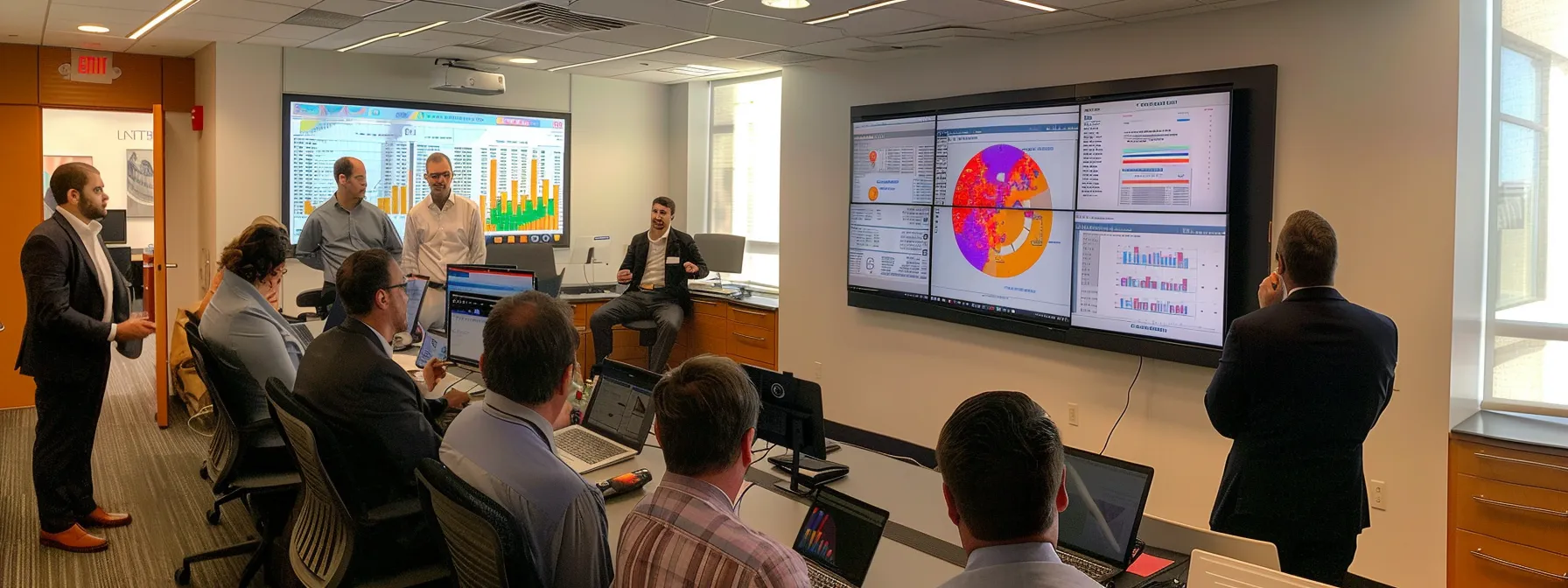 a dynamic office environment in cincinnati, showcasing a diverse group of professionals engaged in a collaborative discussion over digital charts and financial reports, reflecting contemporary wealth management trends and the integration of technology in financial strategies.