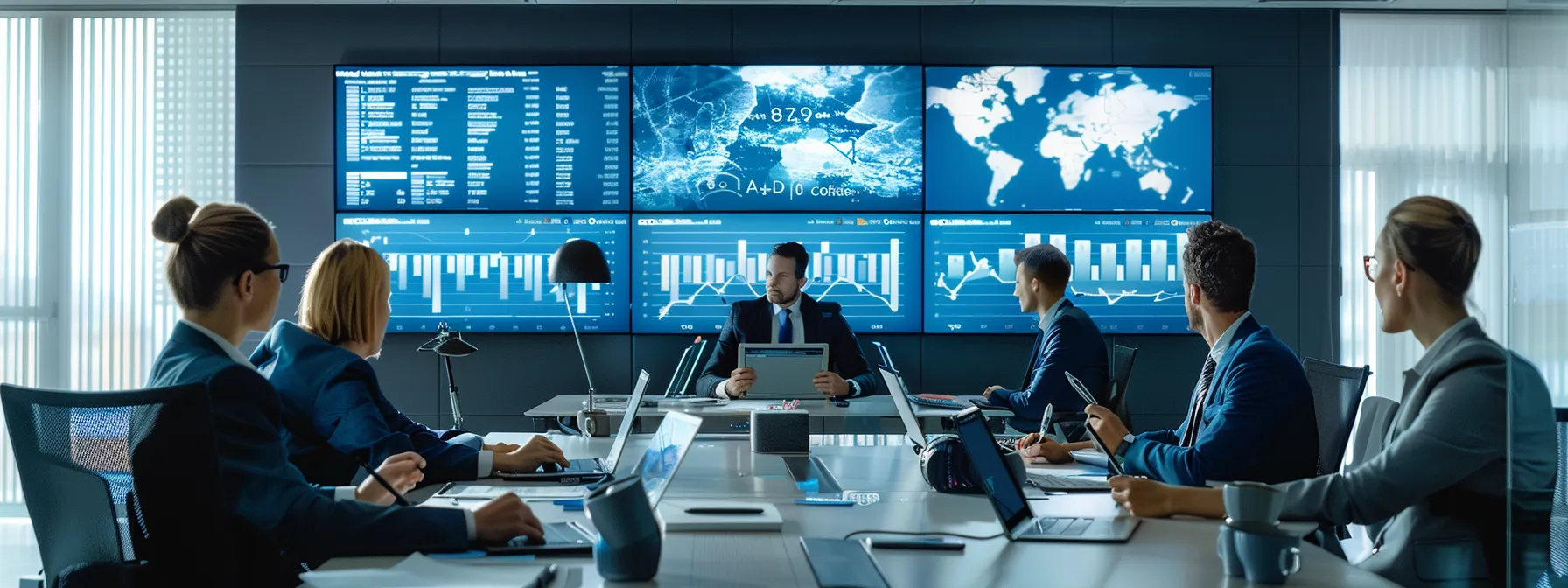 a dynamic office environment showcases advisors at sleek desks engaged in collaborative discussions, surrounded by digital screens displaying workflow processes and analytics, emphasizing a commitment to operational efficiency and continuous improvement.