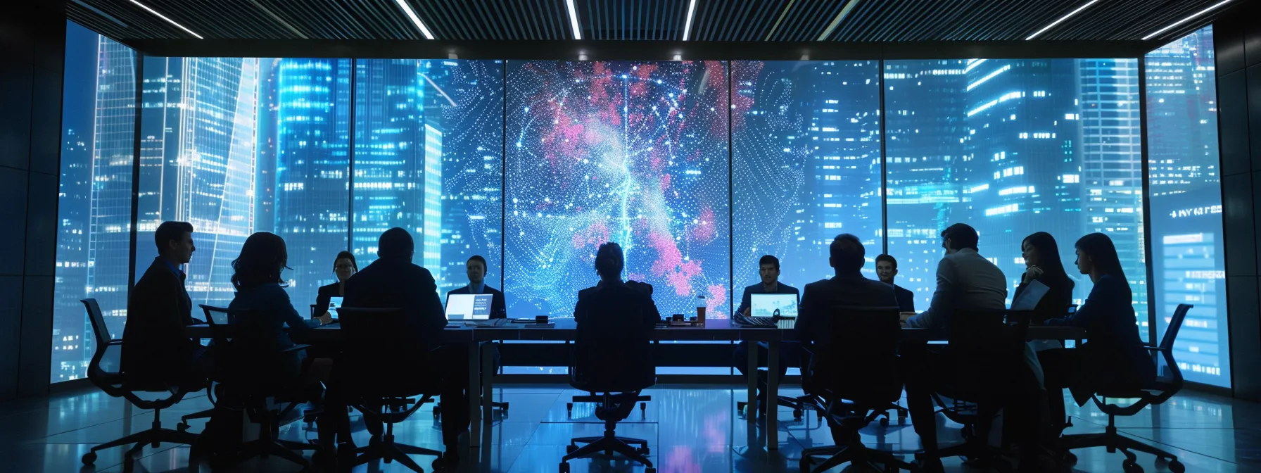 a dynamic office meeting scene captures a diverse group of professionals strategically collaborating around a sleek conference table, sharing digital insights on large screens, symbolizing the forging of influential partnerships in the financial technology sector post-acquisition.
