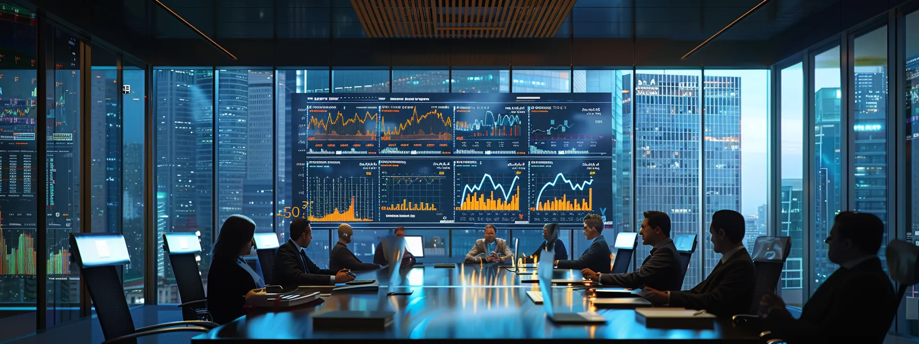 a dynamic office scene featuring a diverse group of financial advisors engaged in a collaborative discussion over a sleek conference table, surrounded by charts and digital screens displaying various investment strategies and market trends.
