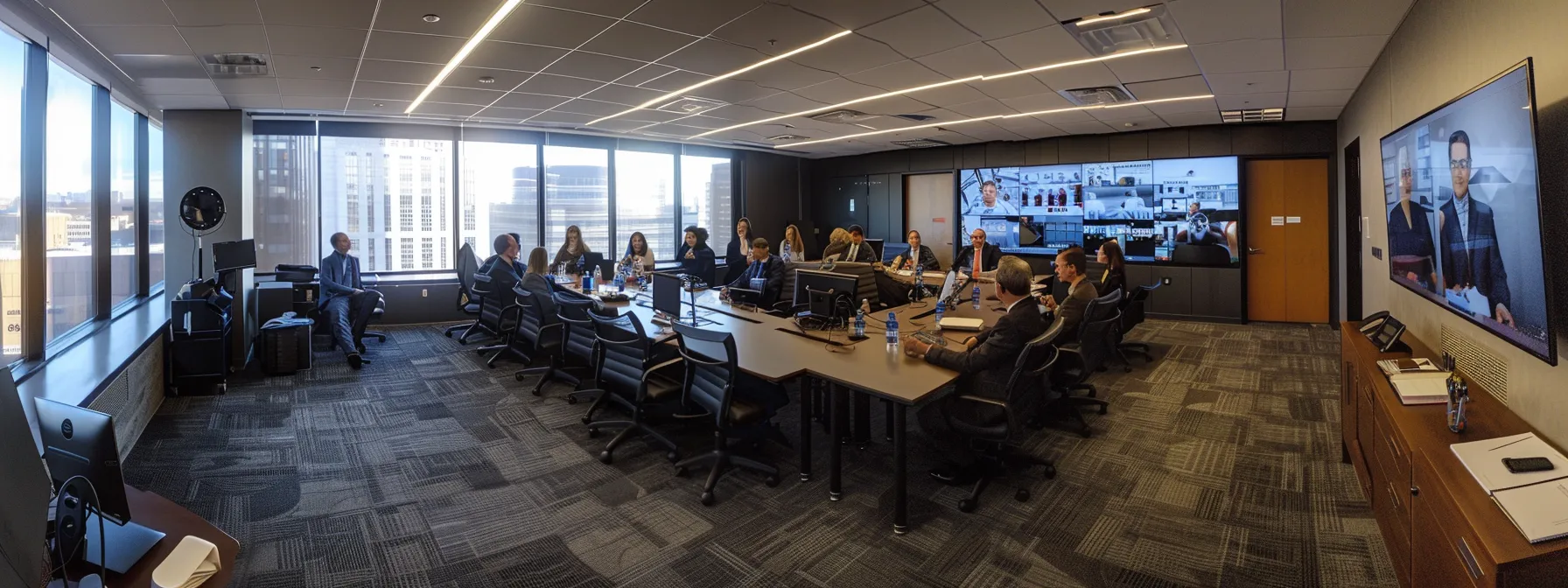 a dynamic office space shows a diverse team of financial advisors engaged in a strategic discussion around a large conference table, with digital presentations highlighting key transition challenges and solutions, reflecting a focus on adaptability and resilience in ria transitions.