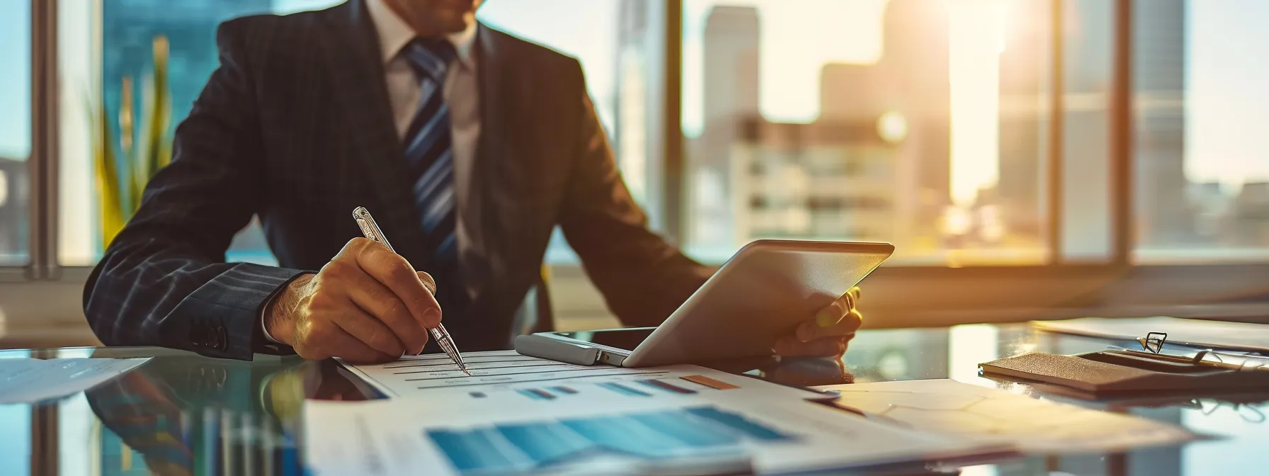 a focused executive sits at a sleek, modern office desk, contemplating a checklist on a digital tablet, with a backdrop of a city skyline through large glass windows, symbolizing the crucial decision-making process in selecting a wealth manager.