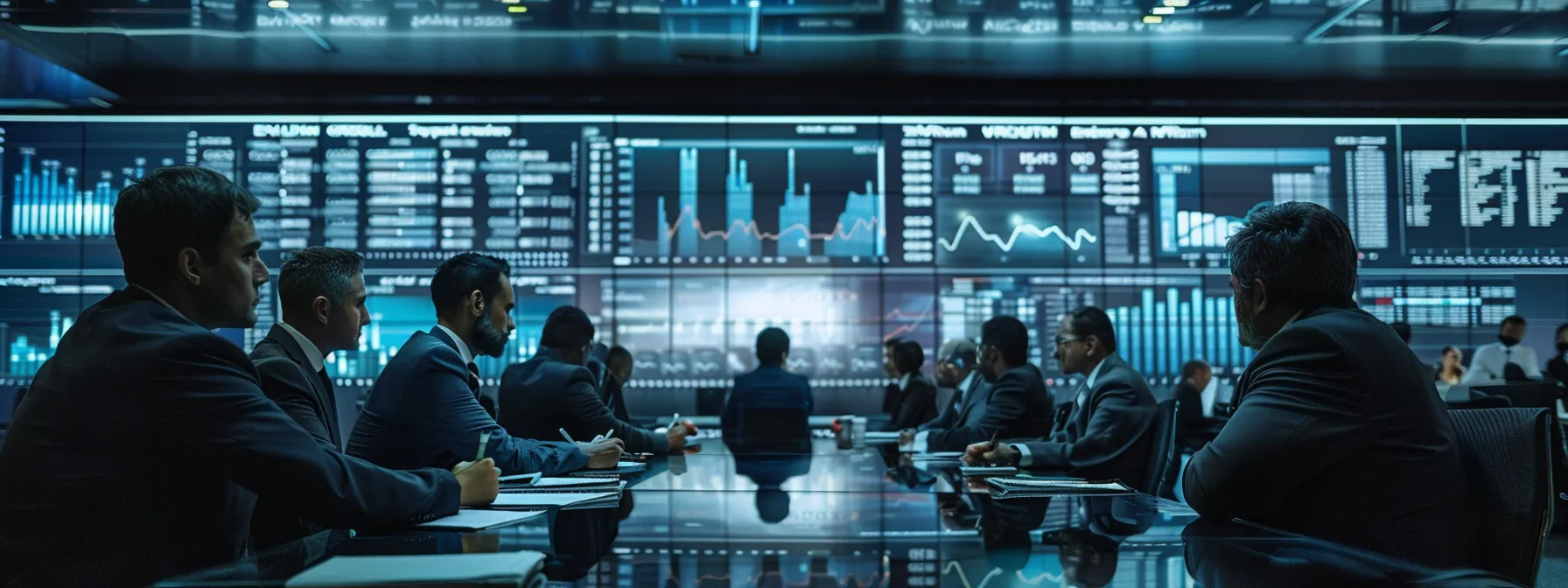 a focused urban office setting captures a group of diverse professionals engaged in a strategic financial meeting, surrounded by sleek digital displays highlighting market trends, retirement strategies, and wealth management solutions specific to cincinnati's economic landscape.