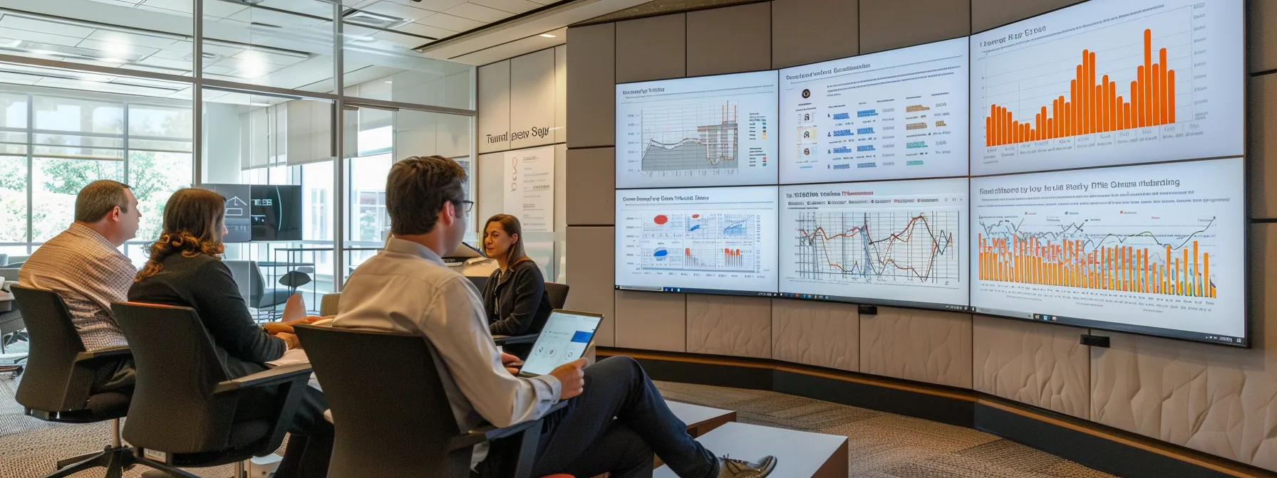 a group of finance advisors engaged in a dynamic brainstorming session within a modern office, analyzing digital dashboards and market data, while discussing innovative client management strategies in a sleek, collaborative workspace.