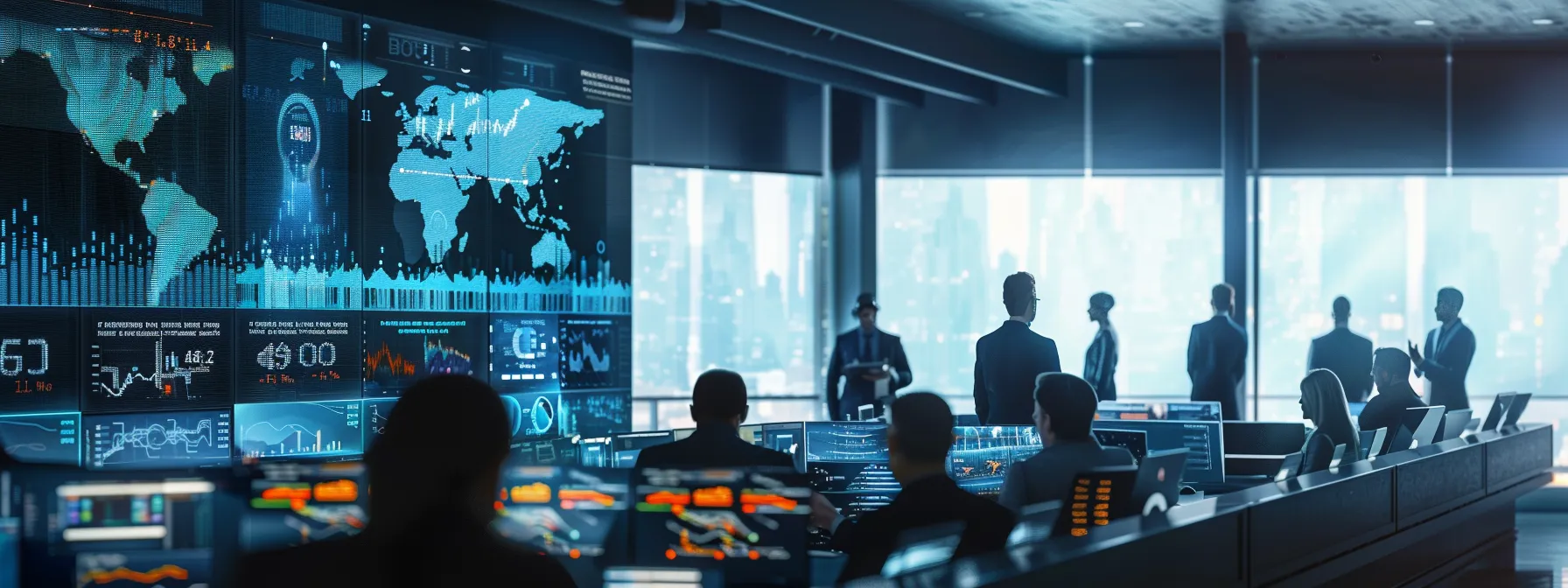a modern financial advisory office is bustling with activity as advisors strategically analyze dynamic investment data on sleek digital screens, showcasing graphs and trends that reflect adaptive asset allocation and technology-driven solutions for client portfolios.
