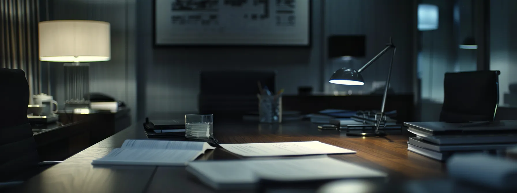 a modern, minimalistic office setting features a sleek conference table with strategic financial documents scattered across it, illuminated by focused lighting, conveying the intensity of goal-setting discussions around investment and financial planning.
