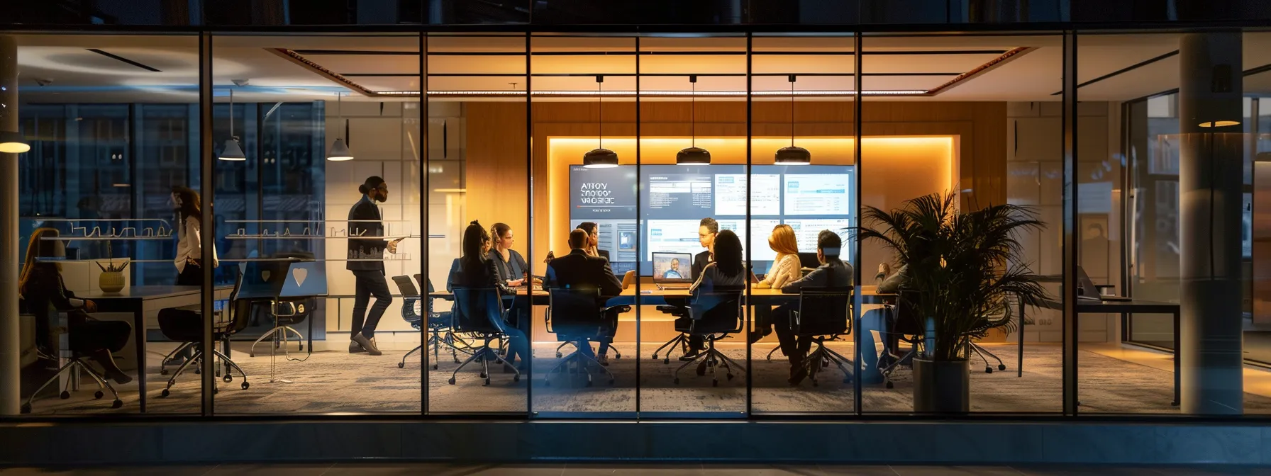 a modern office conference room, bathed in soft artificial lighting, features a diverse team engaged in a dynamic brainstorming session, surrounded by digital screens displaying strategic plans and compliance checklists for a successful ria transition.