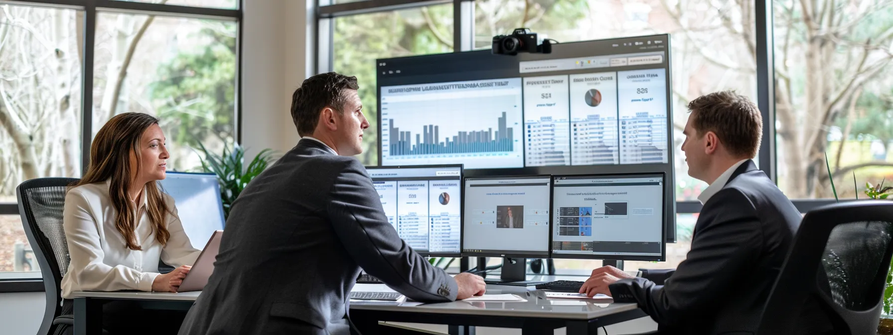 a modern office space features a confident independent financial advisor engaging with clients through a sleek digital interface, showcasing personalized service and strategic autonomy in a dynamic business environment.