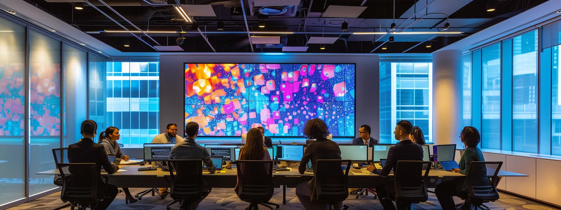a modern office space features a diverse team of financial advisors engaged in a dynamic brainstorming session, illuminated by sleek overhead lighting, with projections of market trends and growth strategies displayed on digital screens behind them.