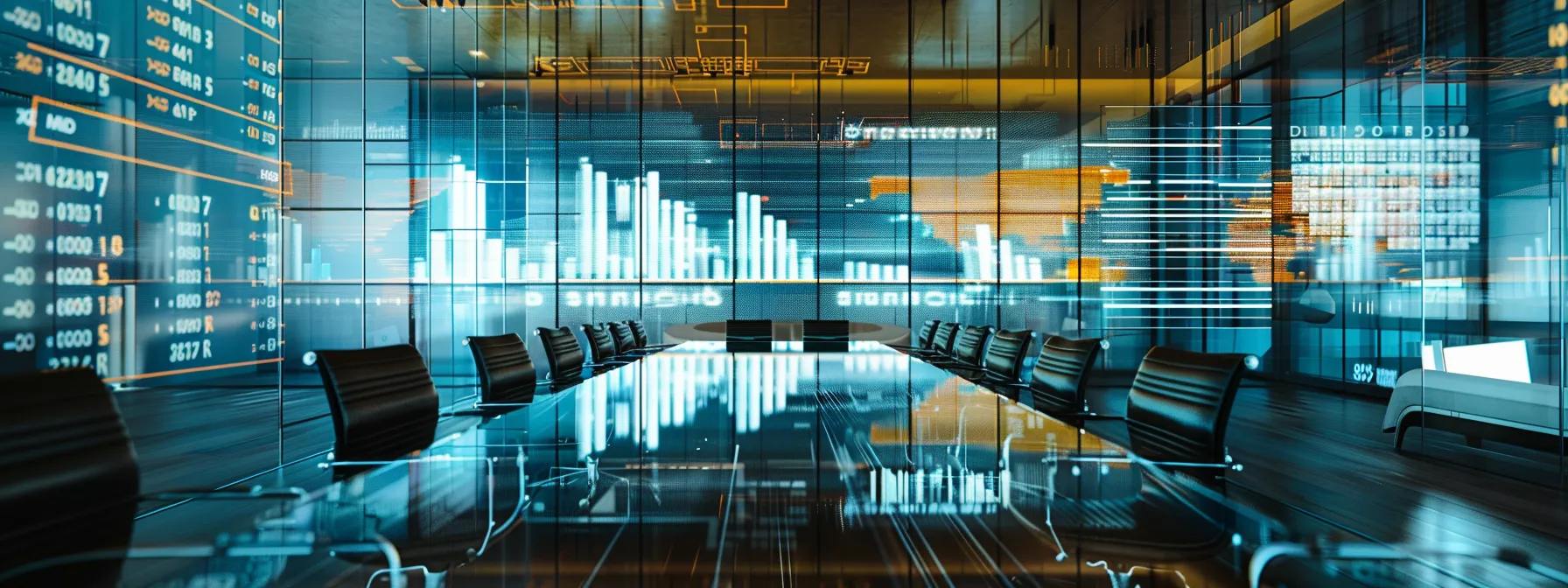 a modern, sleek office interior with a sophisticated conference area featuring a large glass table, stylish chairs, and a backdrop of a digital screen displaying real-time financial data, evoking the essence of an independent fiduciary virtual family office.