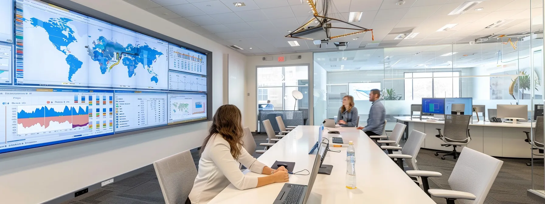 a modern, sleek office space features a confident financial advisor seated at a polished conference table, surrounded by detailed charts and graphs, as they engage in a focused discussion with clients about various transparent compensation structures and fees.