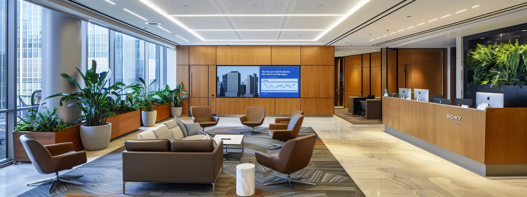 a polished office environment features a confident financial advisor engaged in a focused discussion with clients, surrounded by streamlined technology and clear presentations highlighting investment strategies.