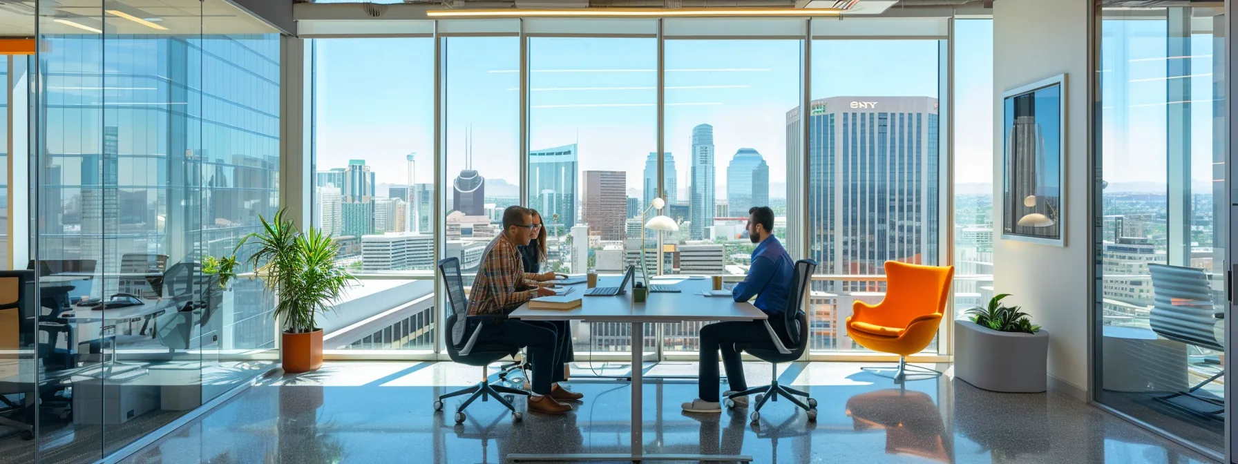 a polished office space featuring a confident phoenix financial planner engaged in a focused discussion with a client, surrounded by sleek modern furnishings and large windows showcasing a vibrant urban skyline, epitomizing expert financial guidance and strategic planning.