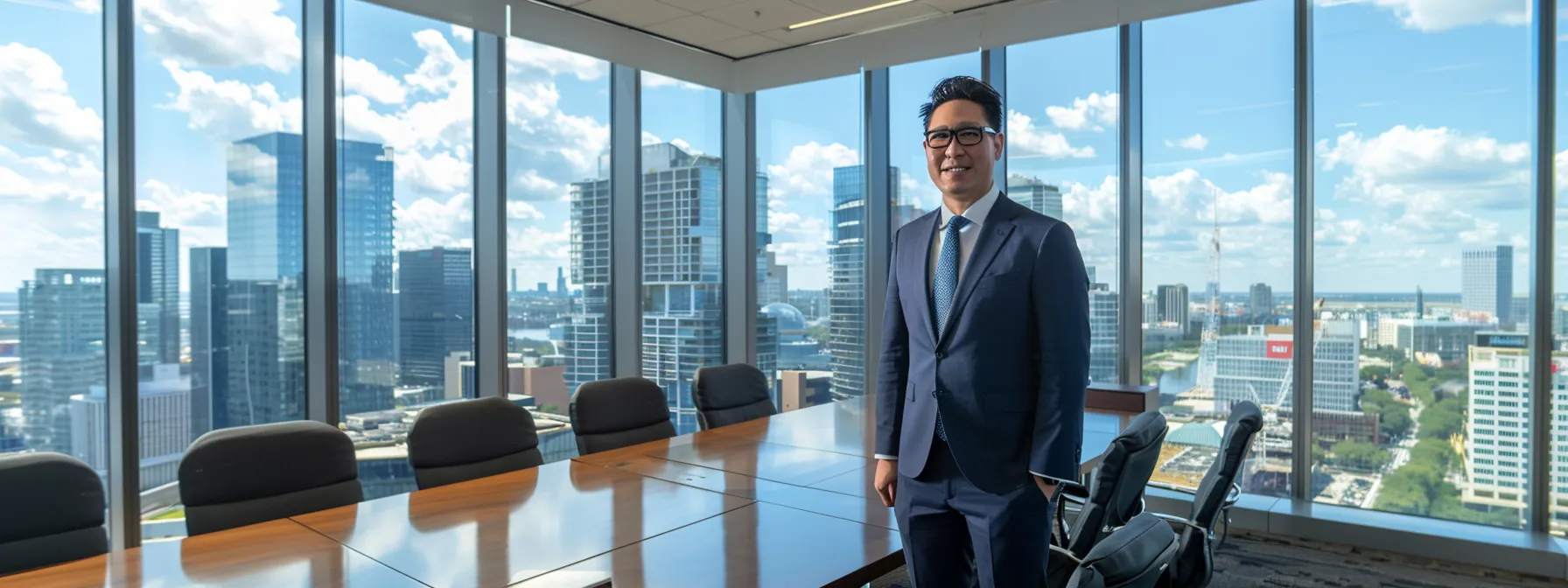 a professional financial advisor in a modern office stands confidently by a sleek conference table, presenting a clear financial strategy to a group of attentive business owners, with a backdrop of cityscape views through large glass windows.