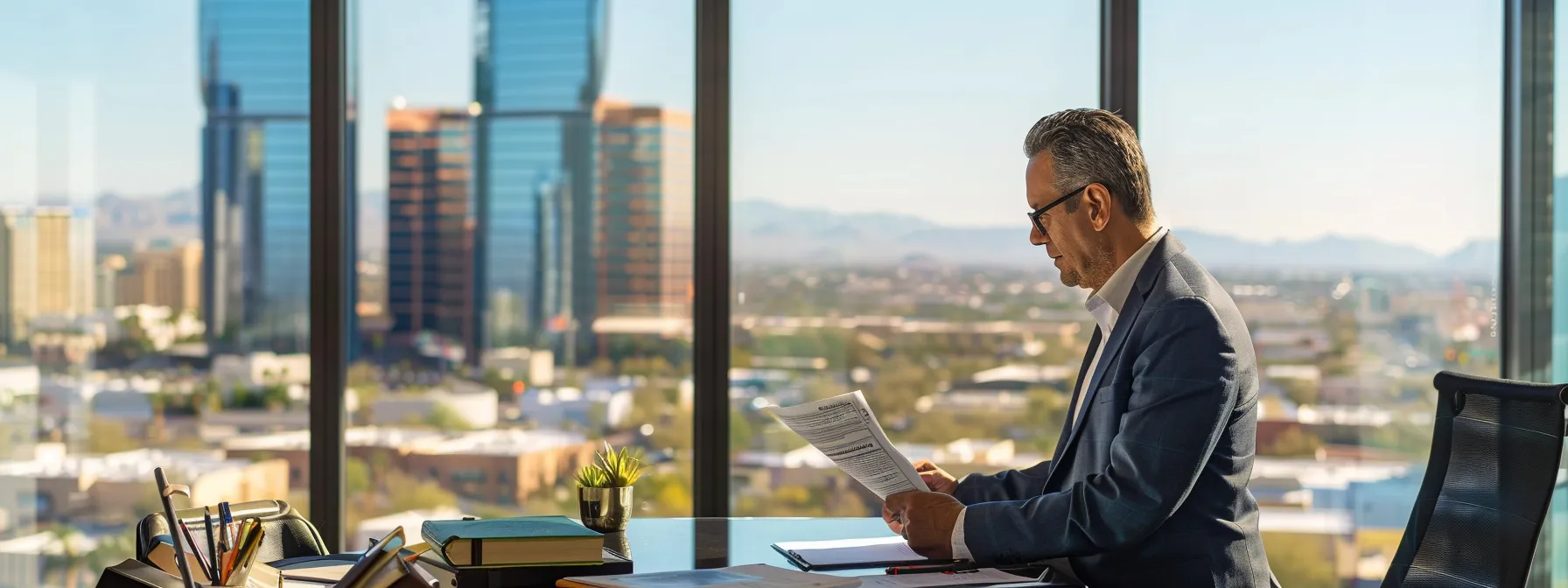 a professional financial planner reviews a comprehensive retirement strategy document in a sleek scottsdale office, with modern decor and views of the cityscape, emphasizing strategies for maximizing income and healthcare planning.