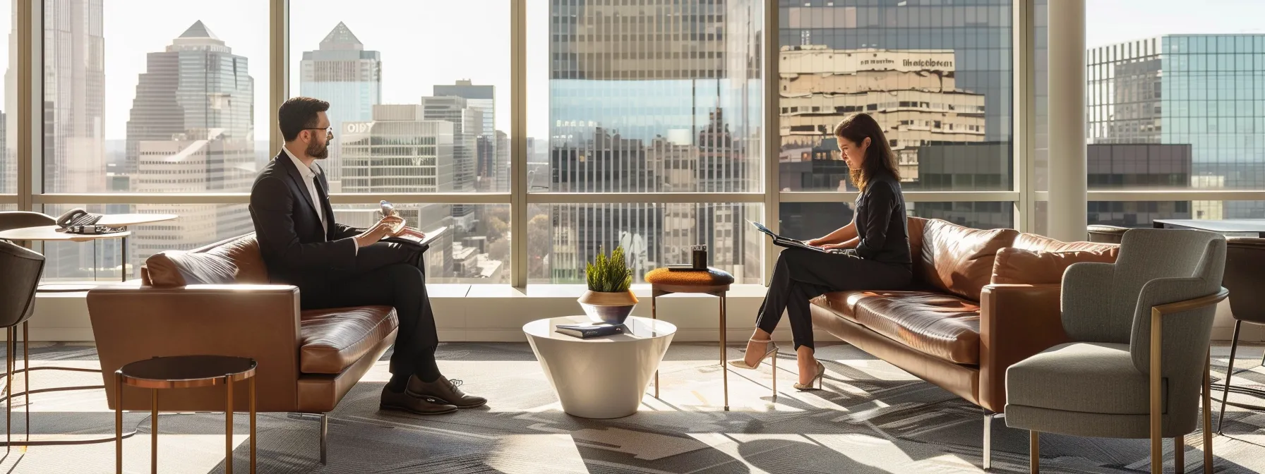 a sharp, modern office setting in washington, d.c. features a confident professional engaging in a focused consultation with a financial advisor, surrounded by sleek furniture and panoramic views of the urban skyline.