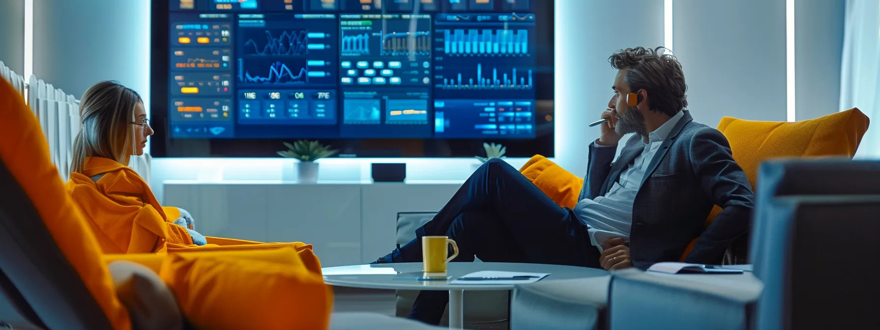 a sleek and modern office setting featuring a wealth management advisor engaged in an animated discussion with a client, surrounded by contemporary furniture and digital screens displaying financial data, emphasizing the importance of clear communication in building trust and transparency.