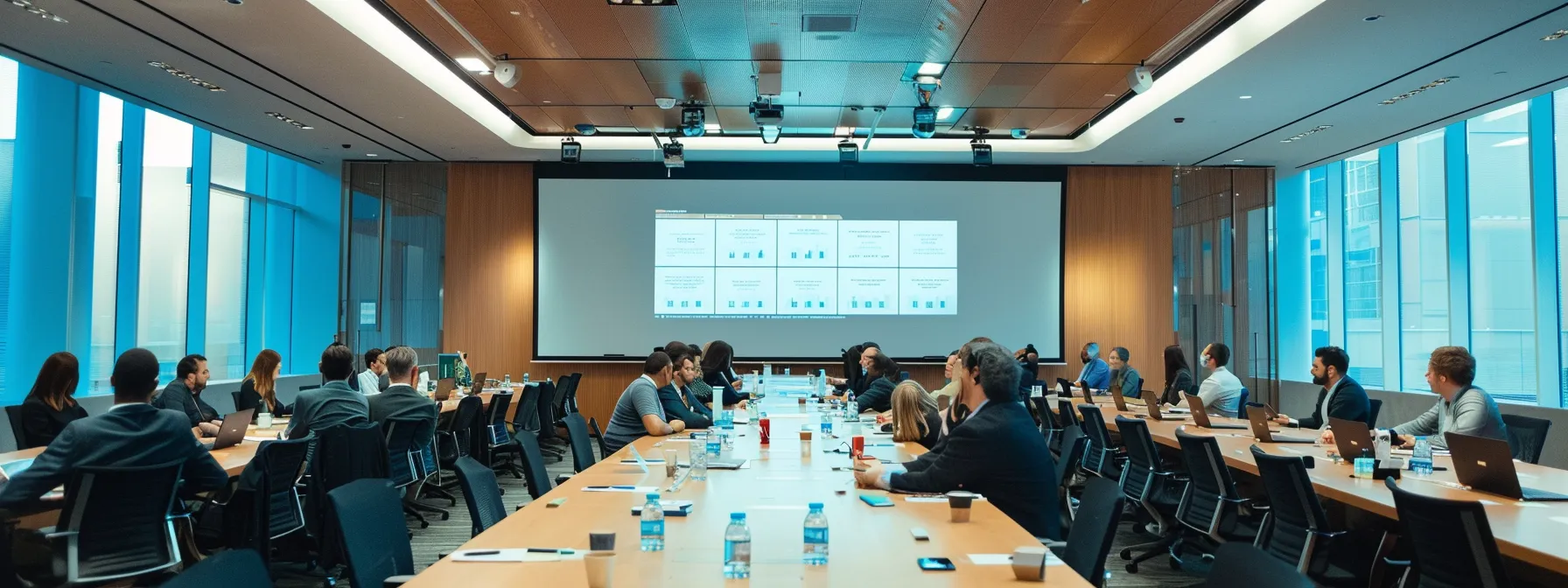 a sleek, modern conference room filled with engaged professionals discussing visual success metrics and tailored financial strategies, with a large screen displaying compelling case studies from cincinnati's wealth management sector.