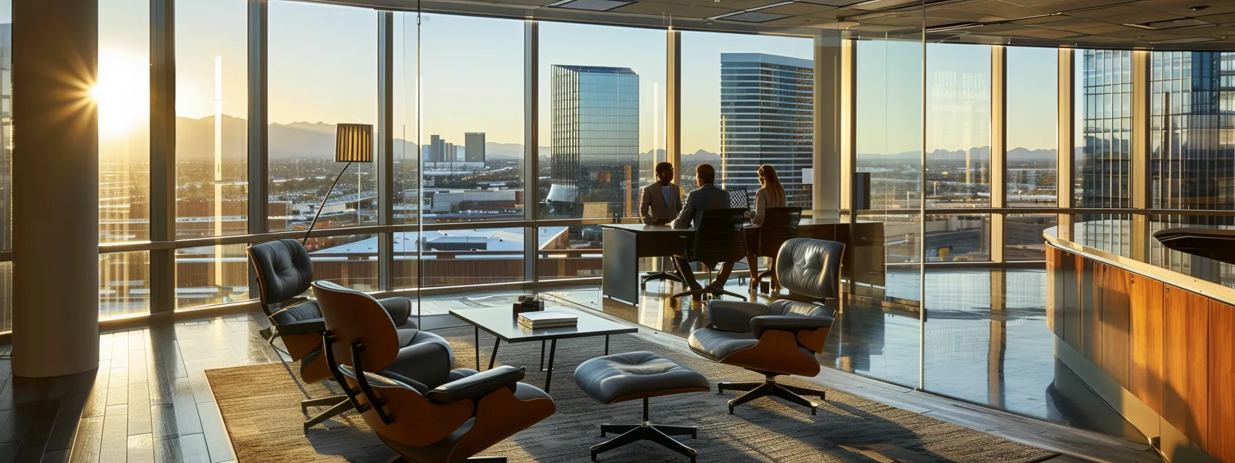 a sleek, modern financial office in phoenix, showcasing an attentive advisor discussing strategies with a client, surrounded by city skyline views through large glass windows and contemporary decor.