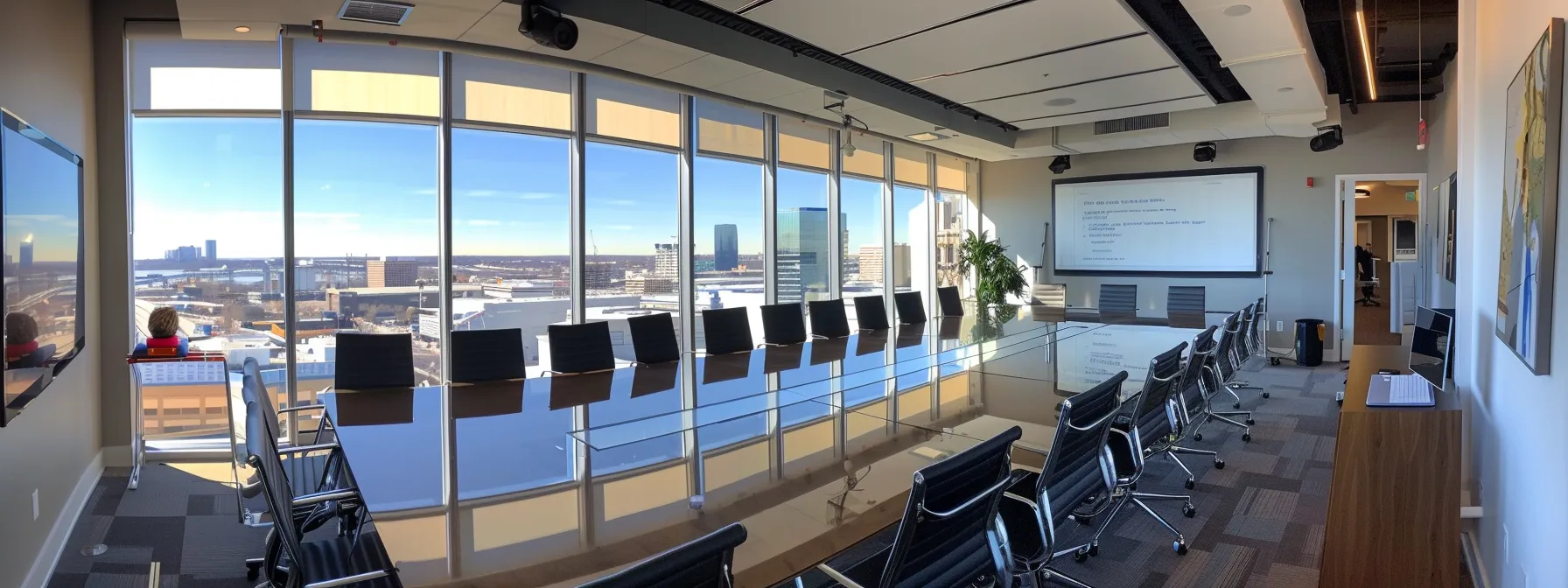 a sleek, modern office conference room in cincinnati, featuring a large glass table surrounded by attentive professionals engaged in a discussion about wealth management strategies, with a clear whiteboard displaying key factors for selecting the right firm.