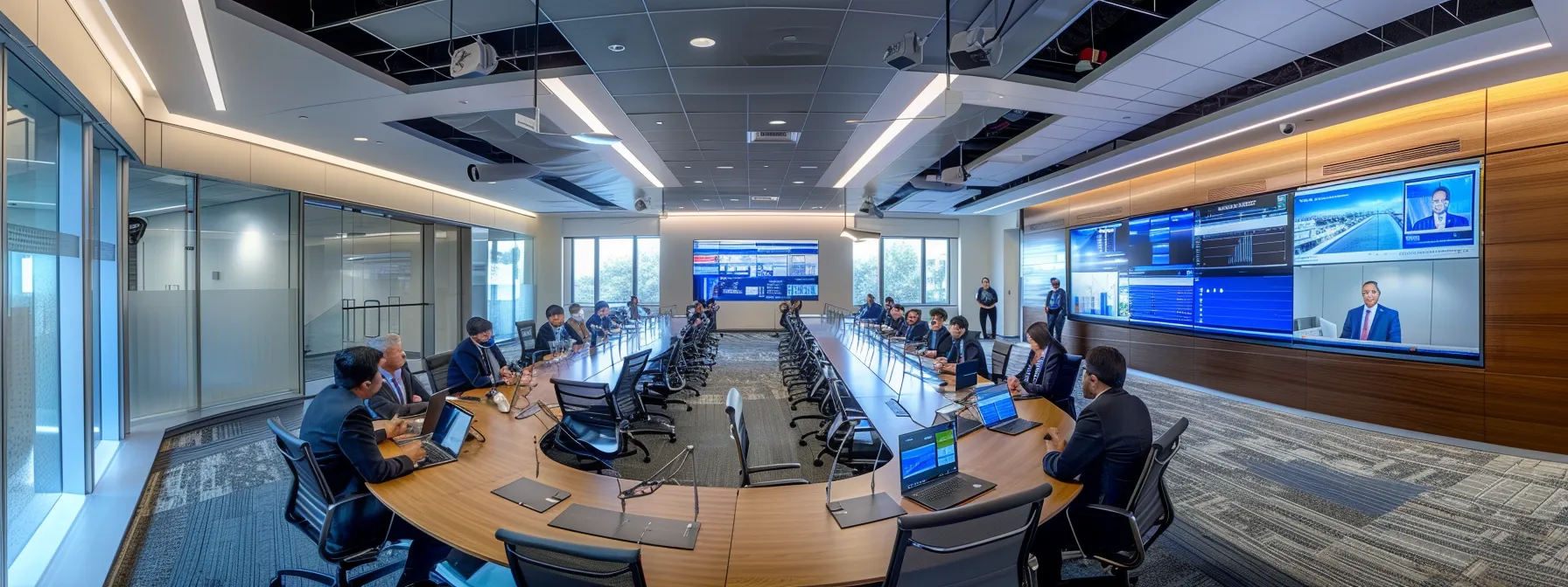 a sleek, modern office conference room filled with confident wealth managers, engaged in a dynamic discussion around a digital presentation showcasing investment strategies, illuminated by bright overhead lighting.