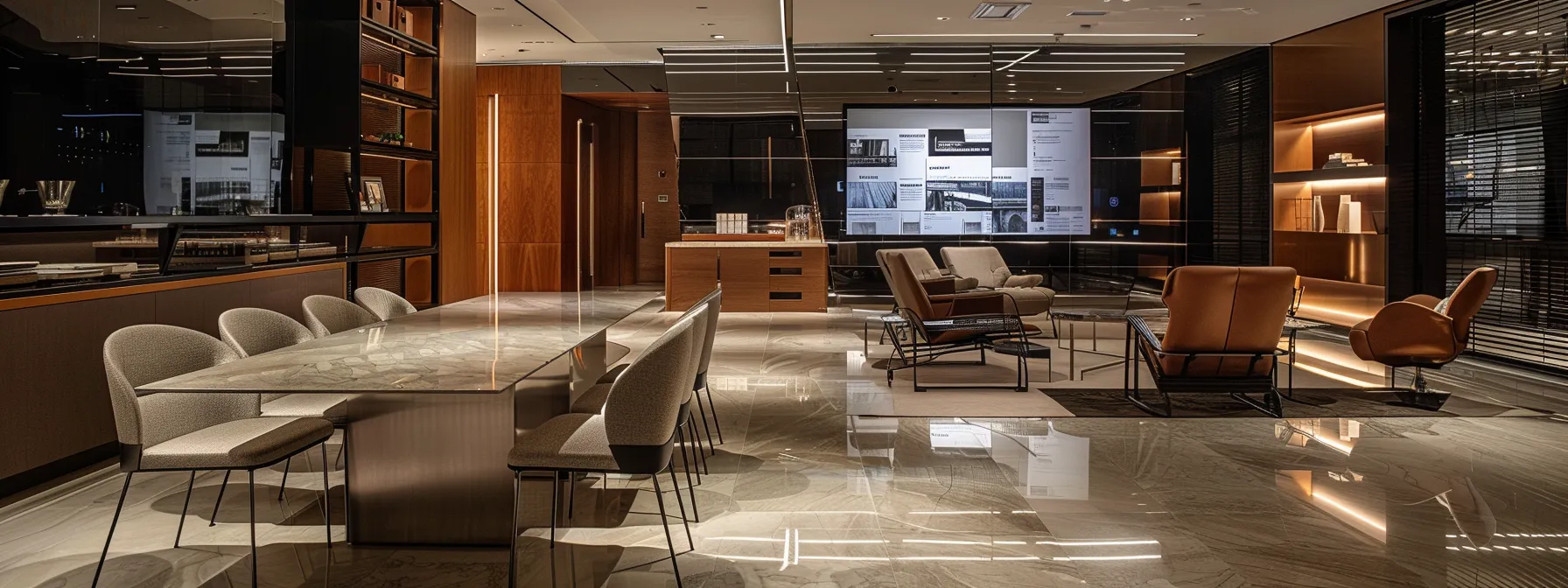 a sleek modern office conference room, featuring a polished glass table surrounded by ergonomic chairs, where an engaged group of prospective clients is actively discussing financial strategies and assessing compatibility with their advisors, highlighted by a large screen displaying relevant case studies.