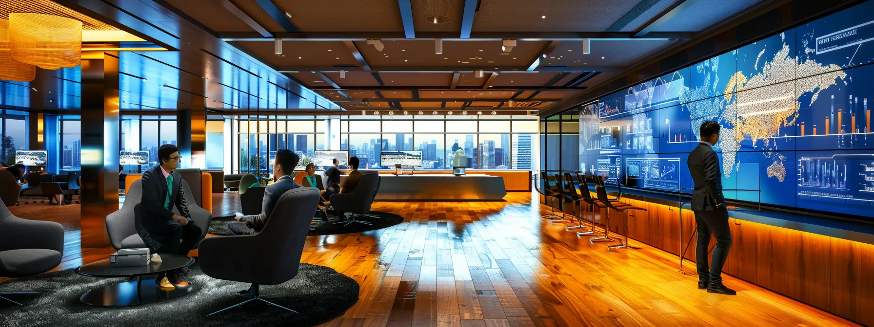a sleek, modern office environment showcases a diverse group of professionals engaged in a dynamic brainstorming session, surrounded by digital displays illustrating trends and predictions in ria transitions, emphasizing collaboration and innovation in the financial industry.