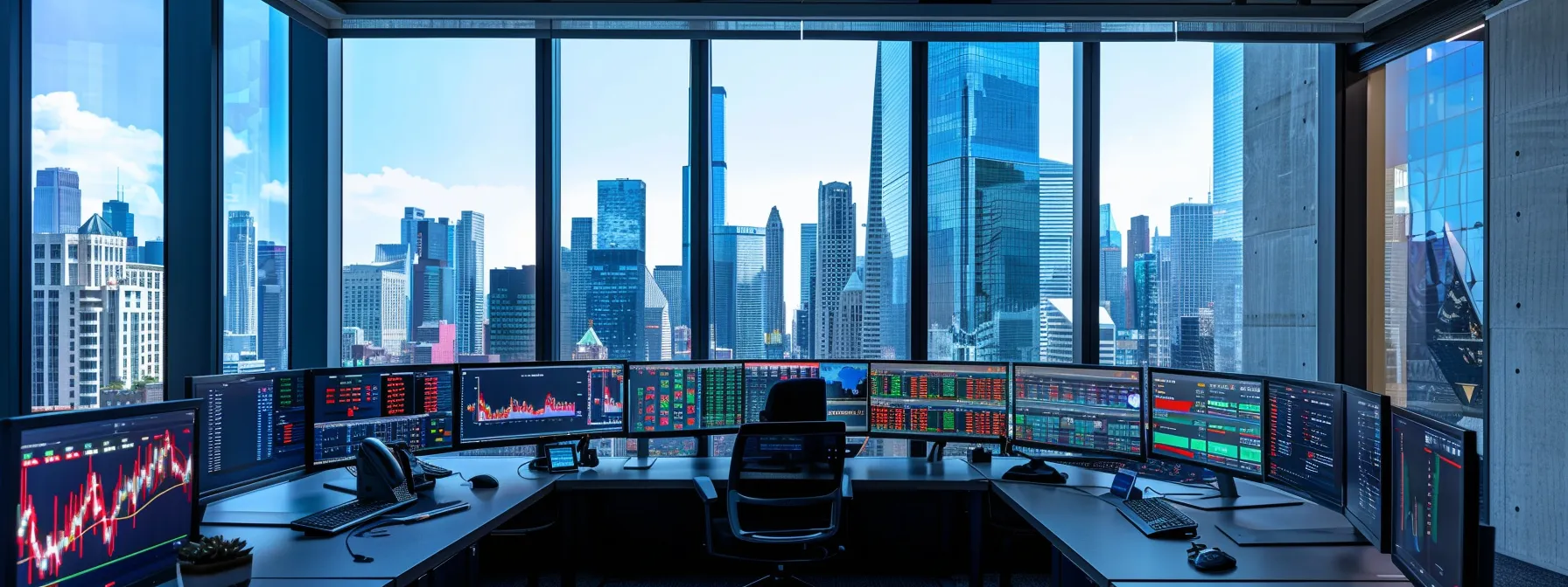 a sleek, modern office environment featuring an advisor thoughtfully analyzing market trends on multiple high-resolution screens, with a backdrop of city skyscrapers visible through large glass windows, symbolizing strategic foresight and adaptability in investment planning.