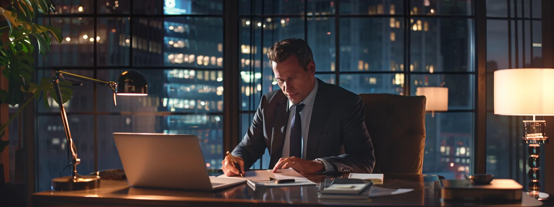 a sleek, modern office environment features a confident financial advisor engaging with a client over a laptop, with documents and charts showcasing meticulous due diligence on the desk, all illuminated by bright, focused overhead lighting.