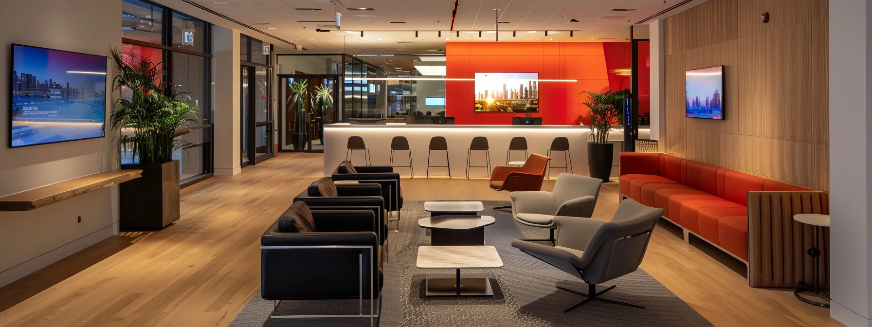 a sleek, modern office space features a confident financial advisor presenting the virtual family office model on a large, interactive screen, surrounded by engaged clients discussing their complex wealth management strategies.