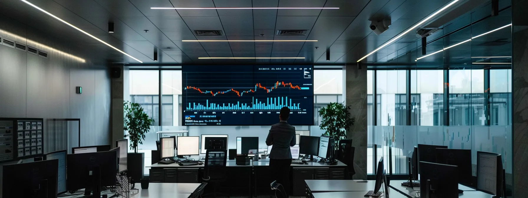 a sleek, modern office space in washington, d.c. features a confident financial advisor presenting a data-driven financial strategy on a large screen, surrounded by charts illustrating equity trends and market insights.