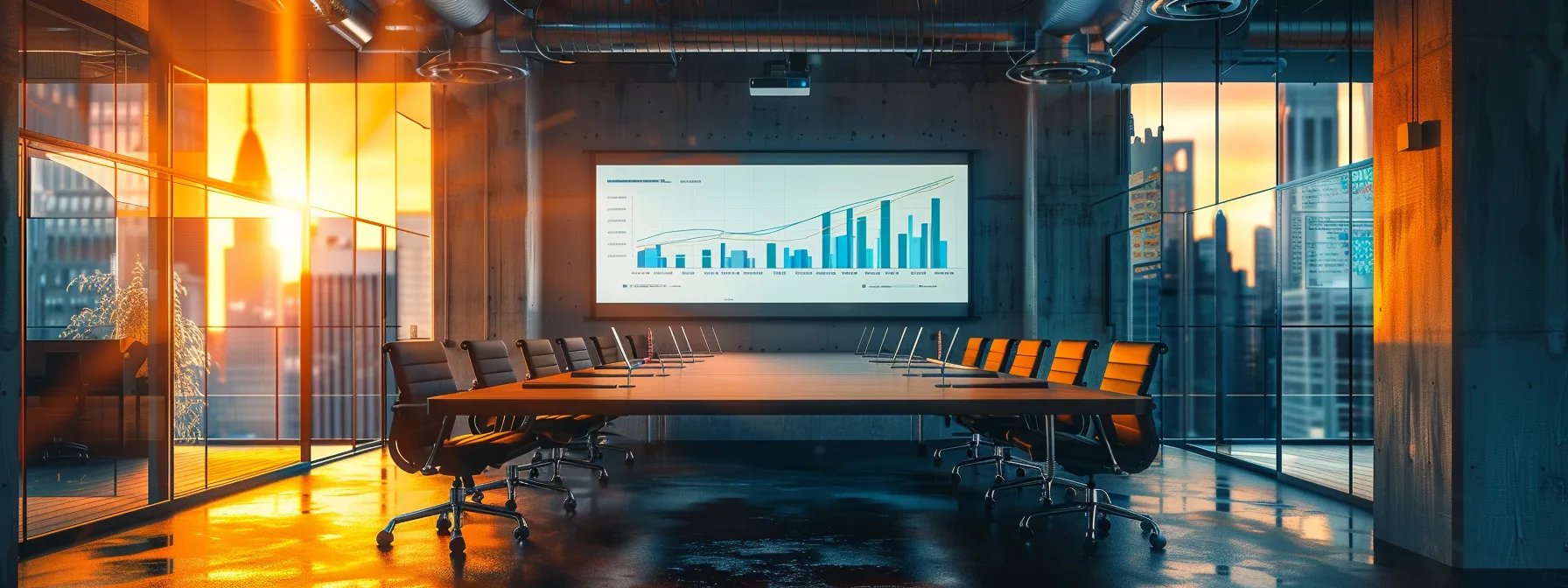 a sleek, modern office with a large conference table is illuminated by warm overhead lighting, featuring a dynamic presentation on transitioning from a broker-dealer to ria projected onto a whiteboard, emphasizing key financial graphs and charts.
