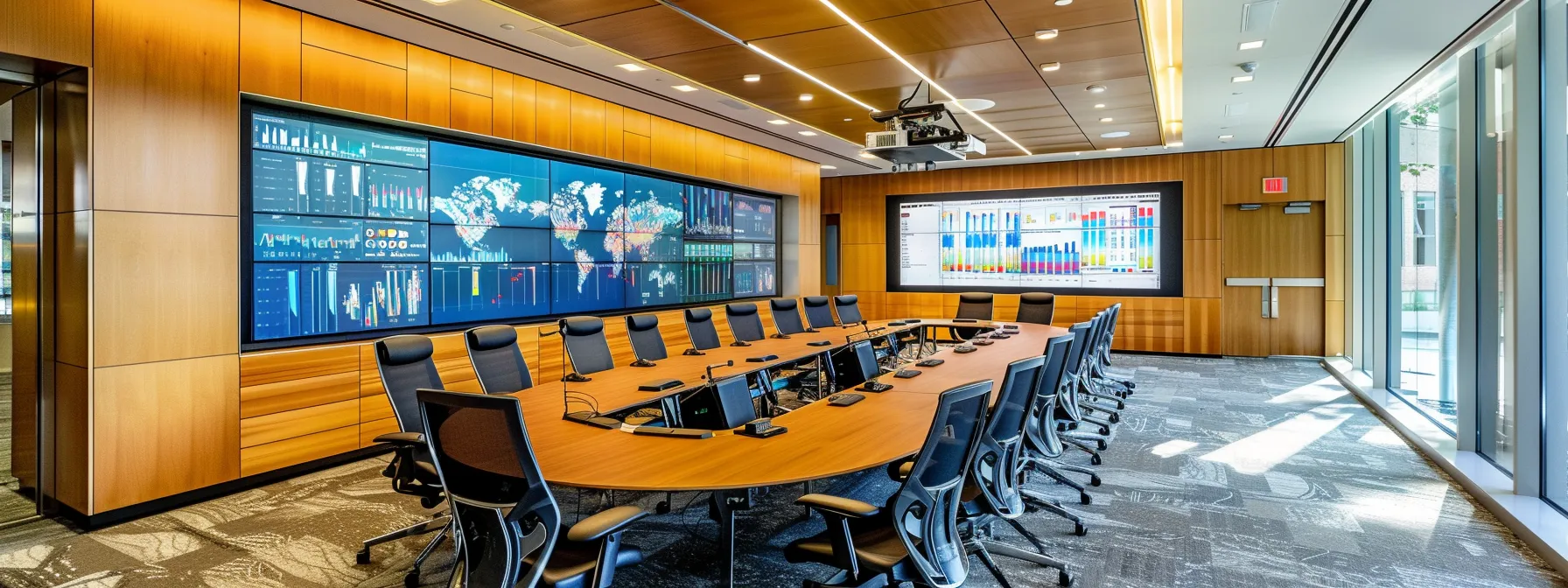 a sophisticated office setting features a large, modern conference table where a diverse group of finance professionals engage in a dynamic discussion, surrounded by digital displays showcasing graphs and financial strategies that emphasize the contrast between long-term and short-term wealth management considerations.