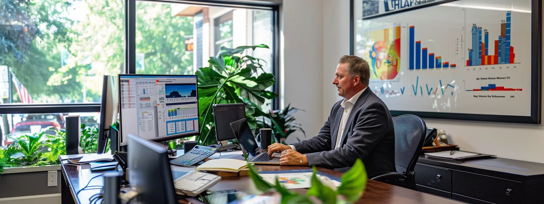 a sophisticated office setting in nashville features a confident independent financial advisor engaging with clients through a high-tech digital interface, surrounded by sleek charts and graphs that highlight personalized investment strategies and clear fee structures.