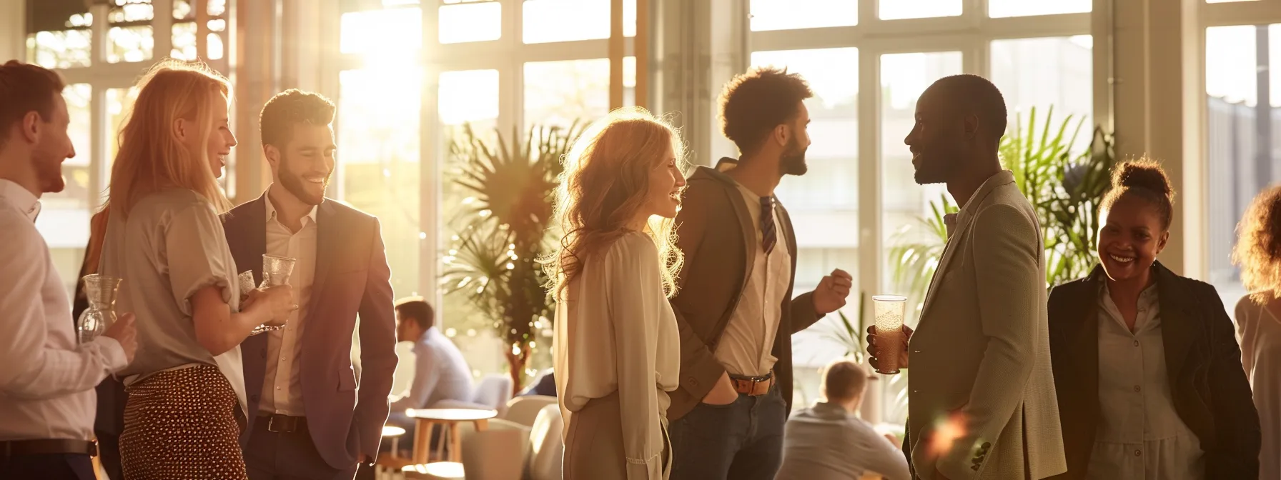 a dynamic office environment showcases a diverse group of individuals—young professionals, business owners, retirees, and families—engaged in impactful discussions around financial planning and investment strategies, illuminated by modern lighting and sleek furnishings.