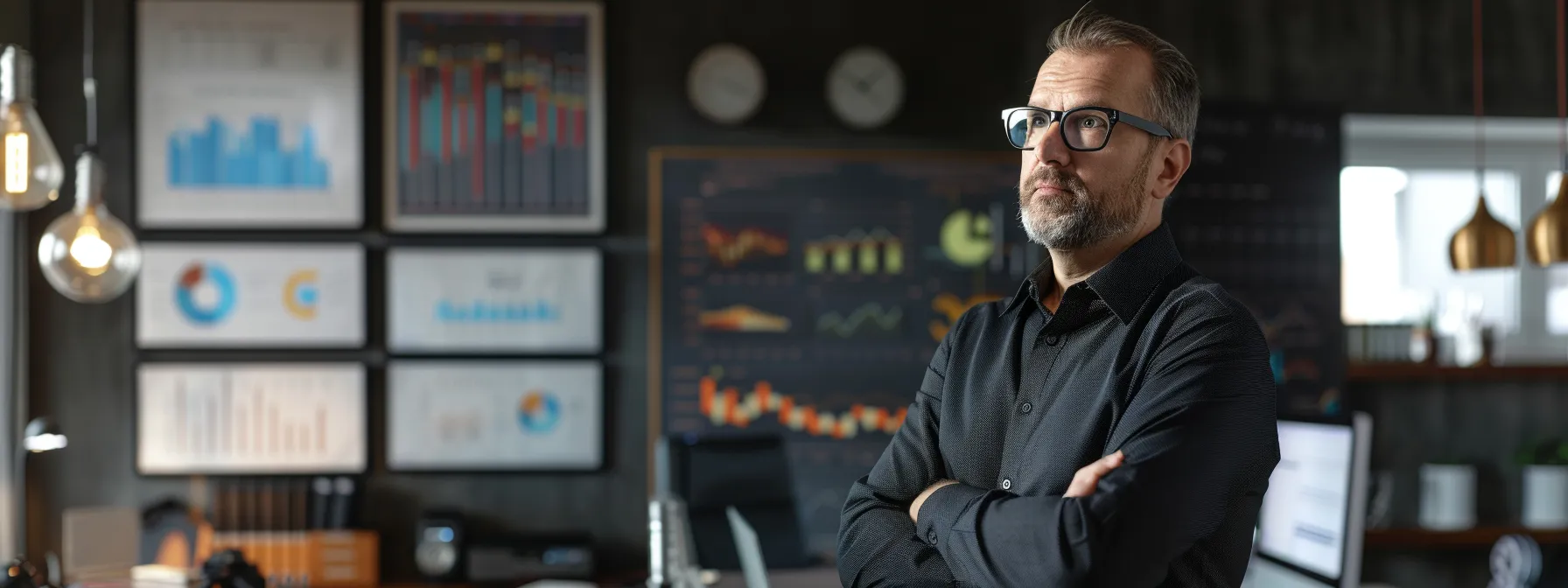 a focused financial planner in a modern office setting, surrounded by digital financial charts and client portfolios, exuding professionalism and expertise.