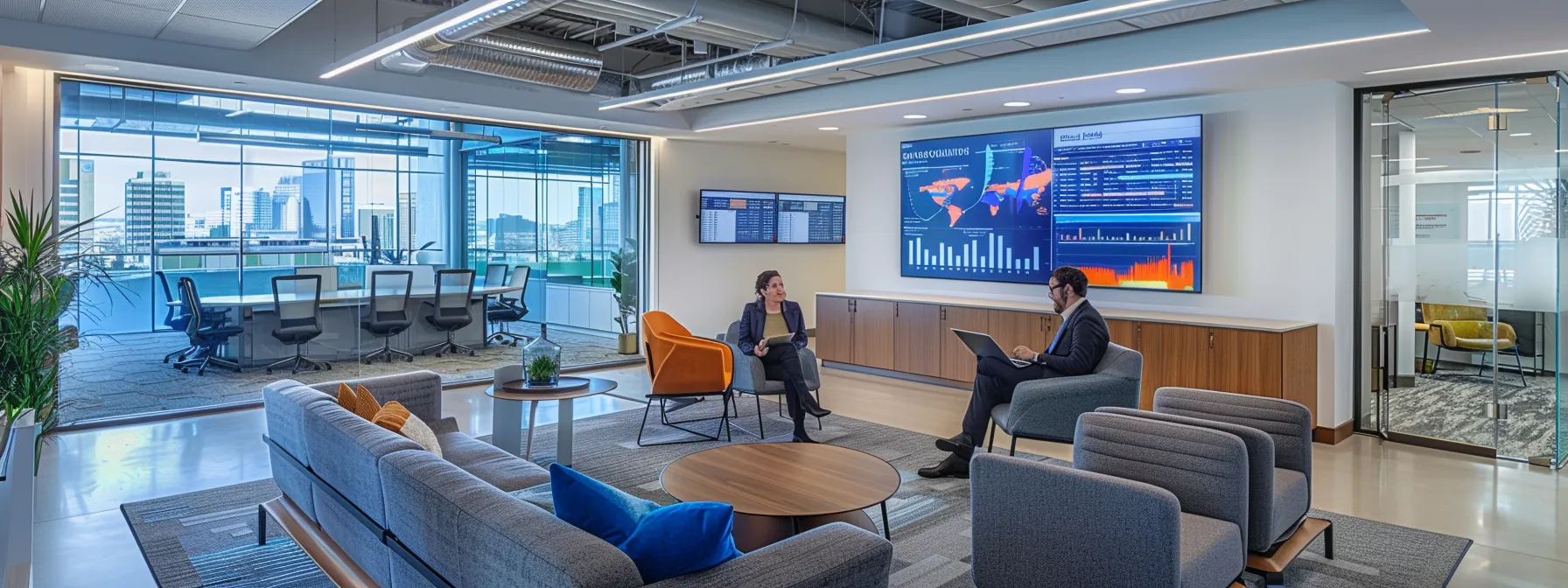 a modern office setting showcases a focused financial advisor engaged in an in-depth discussion with a client, surrounded by charts and digital displays that represent diverse financial strategies and goals.
