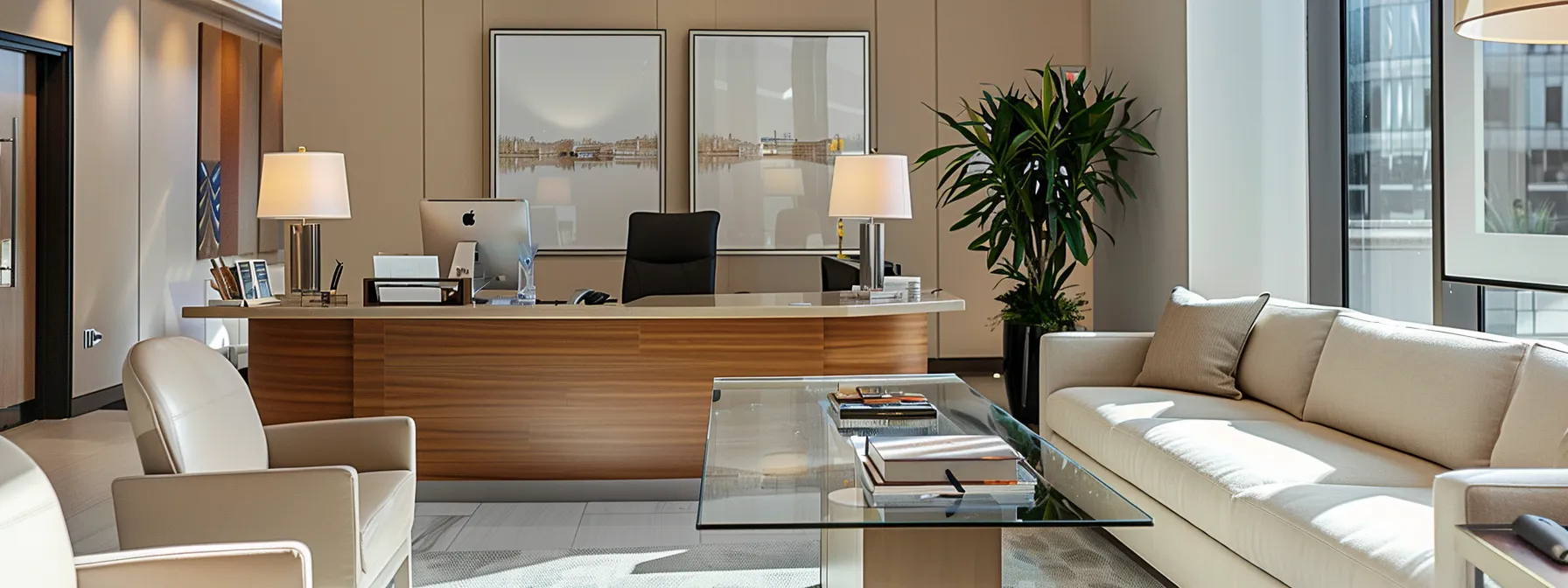 a modern, professional office environment showcases a financial planner engaging in an informative consultation with a client, highlighted by sleek furnishings, financial documents on a polished table, and an emphasis on clear communication about fees and qualifications.