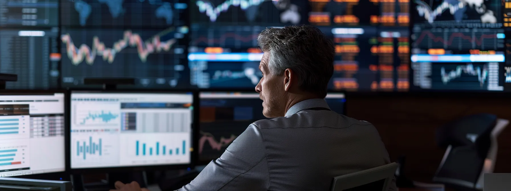 a poised financial advisor engages in a dynamic discussion with a client in a sleek, modern office filled with financial charts and digital screens, reflecting the contrast and nuances between wealth management strategies.