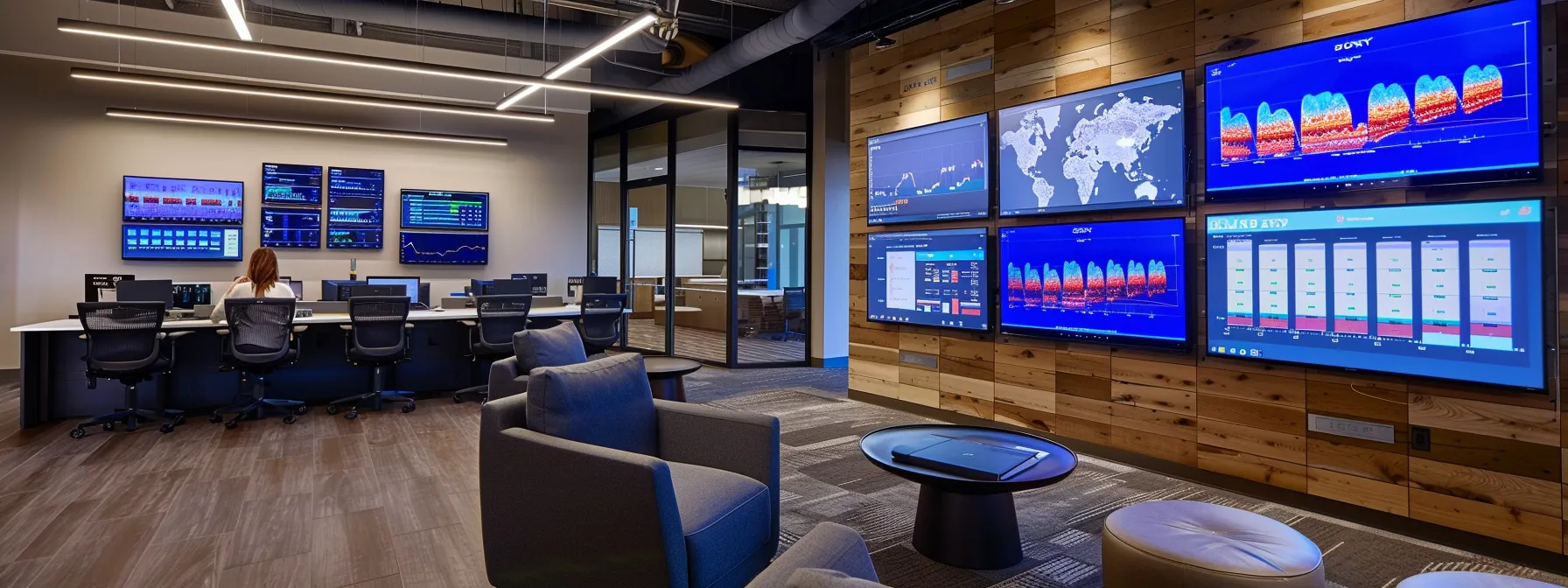 a sharp, modern office workspace in dayton, featuring a focused financial planner engaged in a lively discussion with clients, surrounded by sleek devices displaying data analytics and financial graphs, under warm, ambient lighting that emphasizes a professional atmosphere.