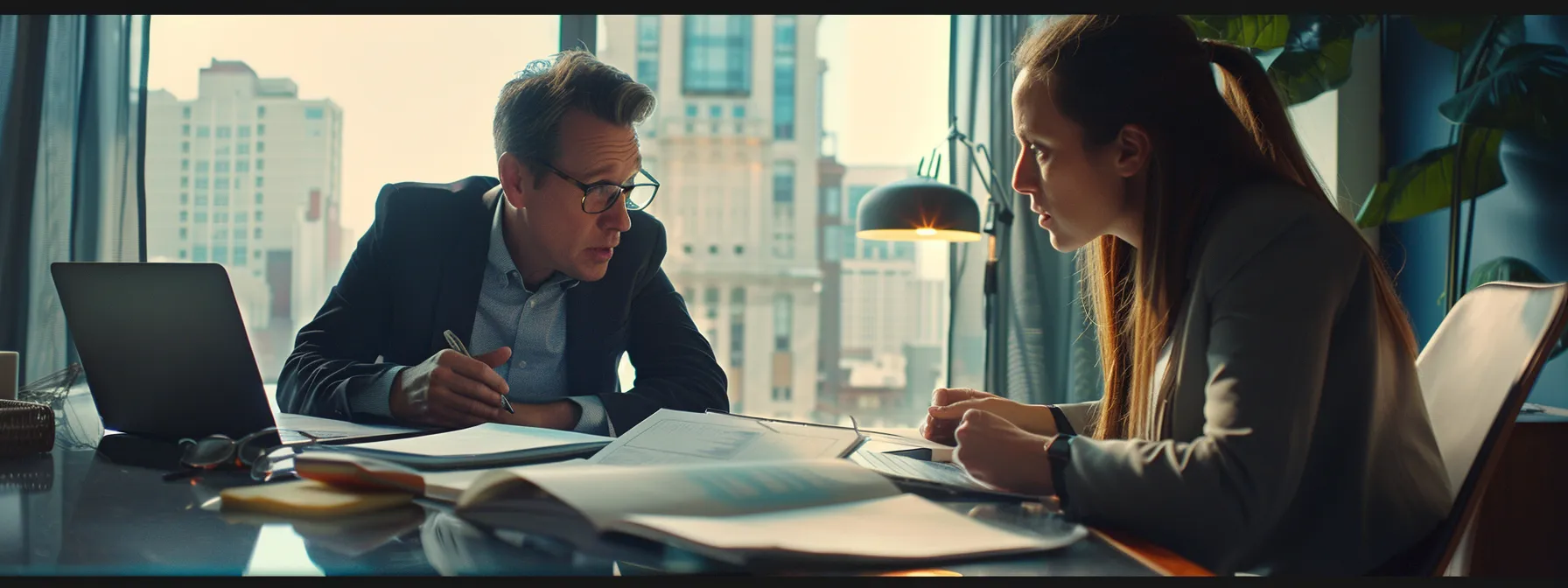 a sharply focused office scene depicts a confident financial planner engaged in a consultation with a client, surrounded by charts, financial documents, and a laptop, emphasizing professionalism and expertise in retirement and asset planning in an urban dayton setting.