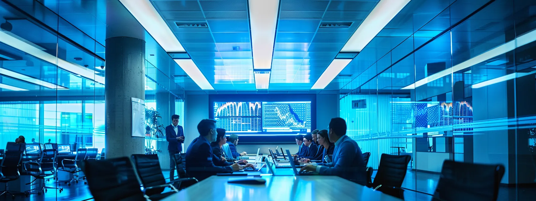 a sleek, modern office bustling with financial professionals engaged in dynamic discussions around a polished conference table, illuminated by bright overhead lights, showcasing digital screens displaying complex charts and strategic financial plans.