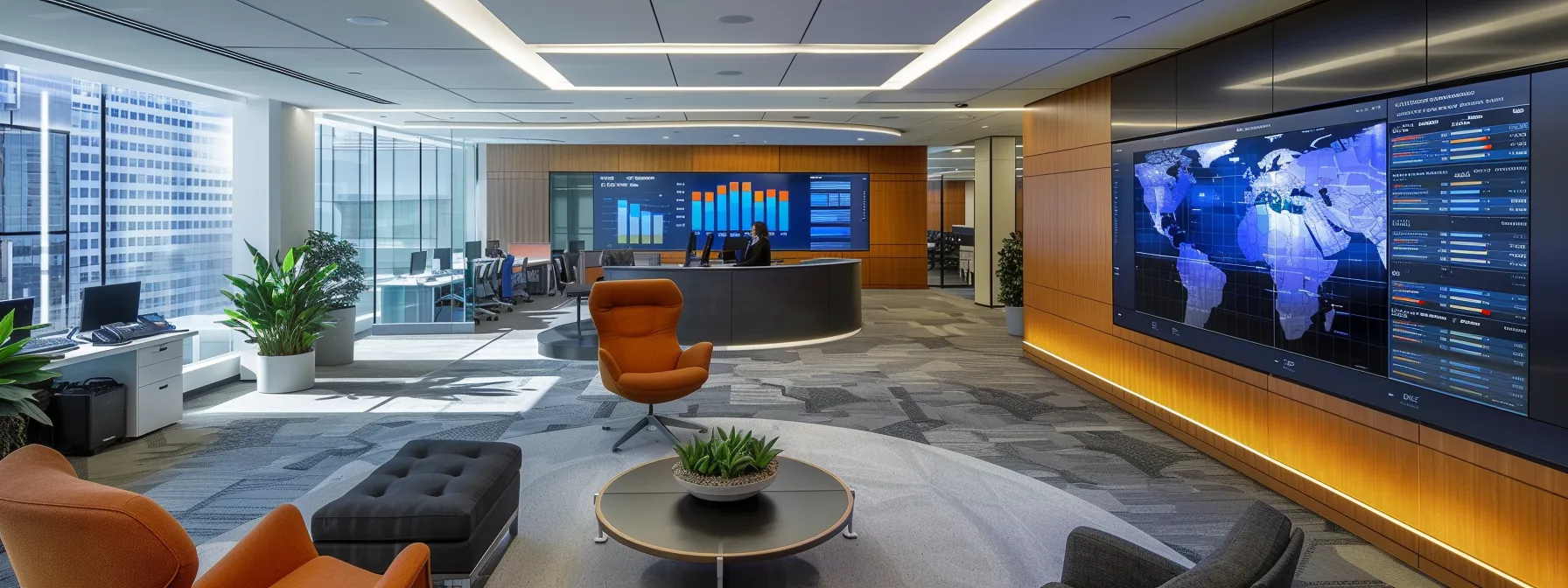 a sleek, modern office environment featuring two financial advisors engaged in a dynamic discussion, surrounded by detailed client profile charts and digital screens showcasing asset management statistics, symbolizing the diverse needs of 401 plan holders and high-net-worth individuals.
