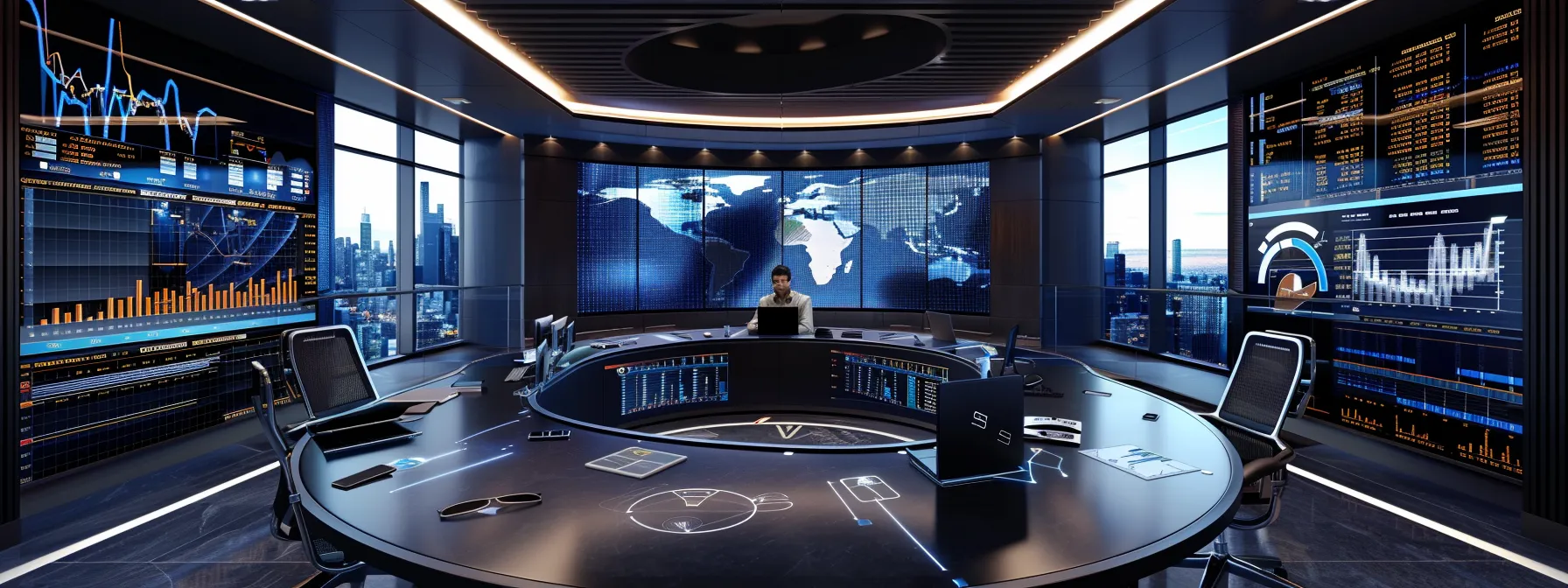 a sleek, modern office workspace features a polished conference table surrounded by sophisticated financial charts, digital screens displaying stock trends, and a professional discussing strategies with clients, embodying the intricate roles of a financial advisor and wealth manager.