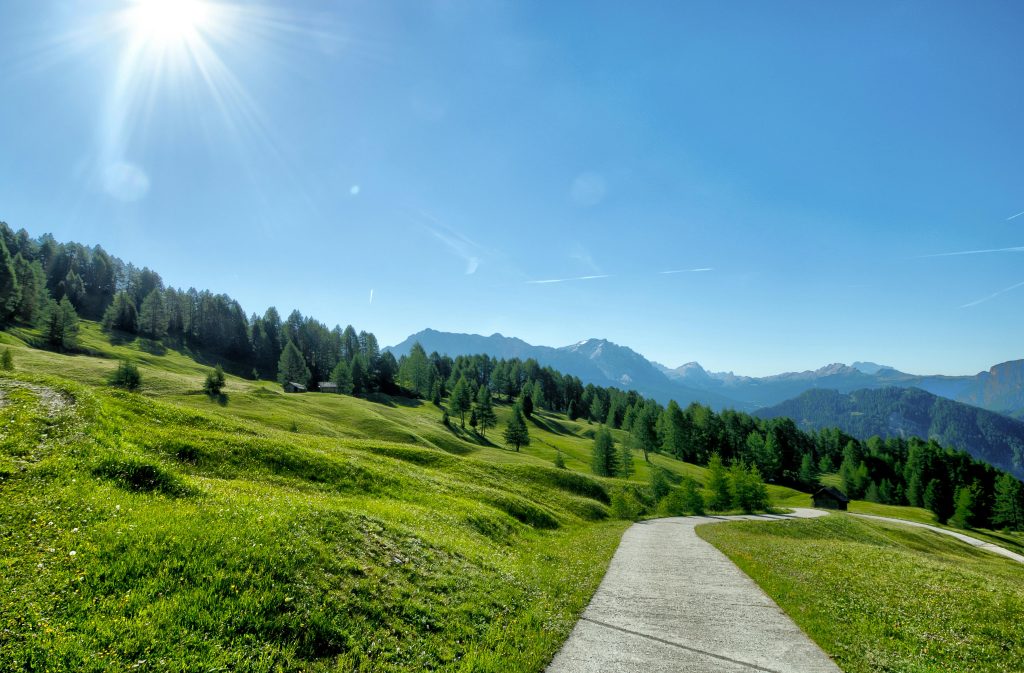 pexels-photo-568236-568236 Tranquil mountain landscape with a sunny pathway, vibrant greenery, and majestic peaks.